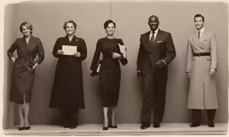 three women and three men standing in front of a wall