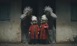 three children dressed up in costumes looking off into the distance