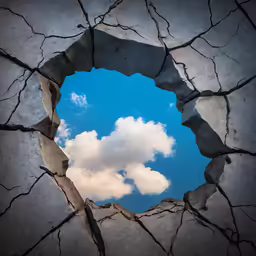 a hole in the wall with an cloudy blue sky and a small white cloud