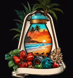 an illustration shows the beach and tropical items,a vase with a beautiful painting inside