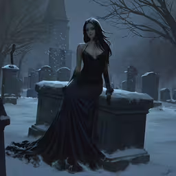 a lady in the moonlight is posed for a photo,an artistic image of a woman in dress sitting on a graveyard