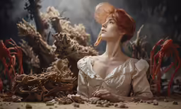 a woman is sitting in the forest eating a carrot