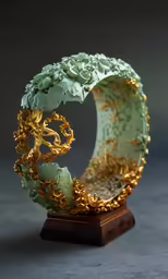 an artistically designed object in green and gold