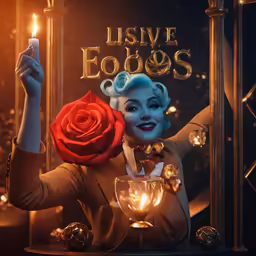 a blue woman wearing face paint holding up a red rose