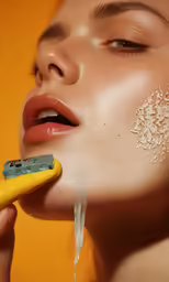 a woman brushing her teeth with a yellow toothbrush