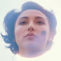 a woman looks upwards into the sky and wears a plastic nose ring