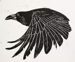 an illustrated bird flying up into the sky,a black bird is flying against a white background