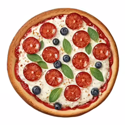 a pizza topped with cheese and tomatoes on top of a table