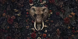 an animal head surrounded by flowers and shells