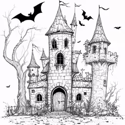 a castle with bats flying around it