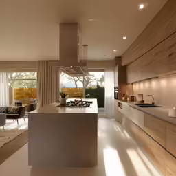a long white kitchen with an island in the center