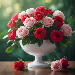 a bunch of pink and red flowers in a white vase