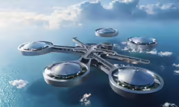 an abstract image of a futuristic city floating on water
