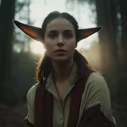 a woman with horns in the forest at sunset