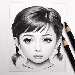 a girl with long hair and big eyes is shown in black pencil