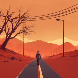 a person walking down the road by some wires,a person walking down the road in an orange landscape