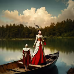 a couple of women in dresses on a boat,a woman is standing in a boat next to another person