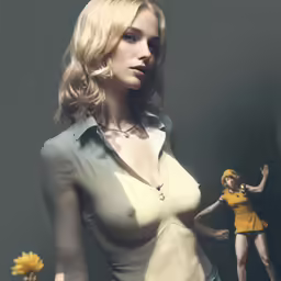 woman in dress posing near a woman with flowers