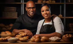 man and woman in glasses holding the handles of some bread
