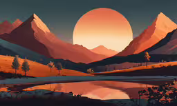 an artistic sunset view over a lake with mountains,a painting of mountains at sunset with water