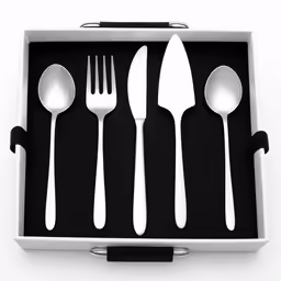 an empty box with six spoons and two forks