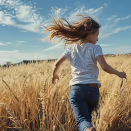 a young woman runs through a field as she blows her hair
