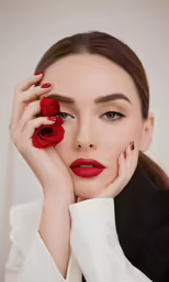 a young woman holding her face near her hand