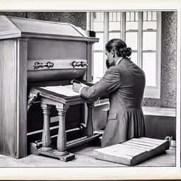 a woman in a coat is writing at a desk