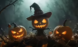 jack o lanterns on a fall night with fog and trees
