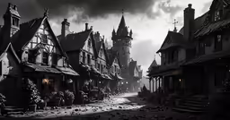 black and white photo of some houses on a street