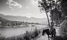 a woman sitting on the back of a horse by the water