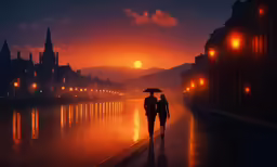 a man and woman holding an umbrella walk down the street at sunset