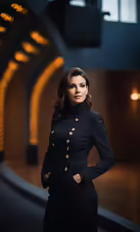 a woman in a black coat is posing for a picture