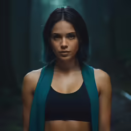 a woman is standing in a forest while wearing a tank top