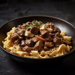 a plate topped with a pasta dish on top of a black table