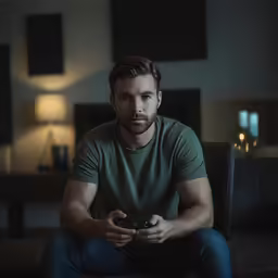 a man sits in the living room playing with a video game