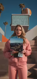 a woman wearing pink and holding up an image