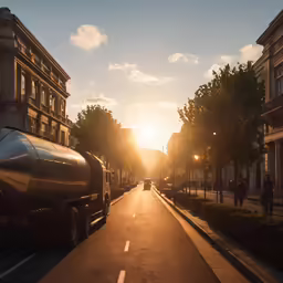 the sun is shining down on this street