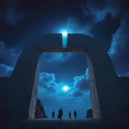 the people are walking towards an arch under a dark sky