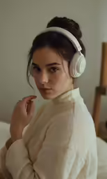 a woman with headphones on her ears