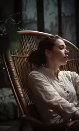 a beautiful woman sitting in a chair with a white shirt on