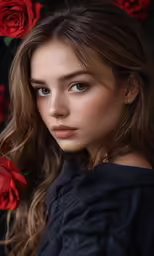 a pretty young woman wearing black posing with red roses