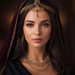 a beautiful lady with a head piece and many jewels on her neck