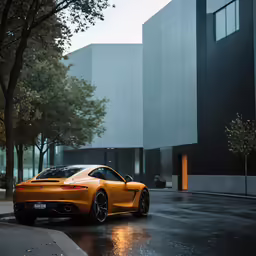 an orange porsche is sitting in the rain