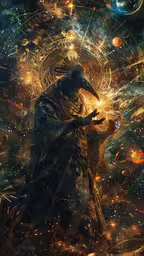 a sci - fiish space creature with a gun standing in the foreground, surrounded by stars and other planets,there is a woman and an abstract painting