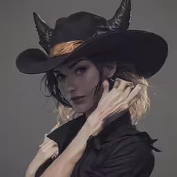 a woman is wearing a black hat and devilish horns