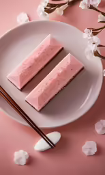 some rice cake on a white plate next to chop sticks