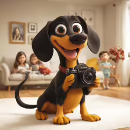a small dog sitting on the ground holding a camera