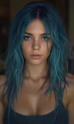 a woman with blue hair has a black tank top and her chest is visible