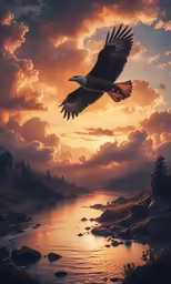 a bird flying over a body of water under a sky filled with clouds